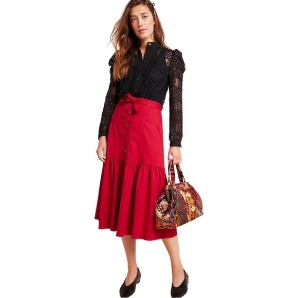 ANTHROPOLOGIE AMADI Aisha 100% Cotton Flounced Midi Skirt Red US 4